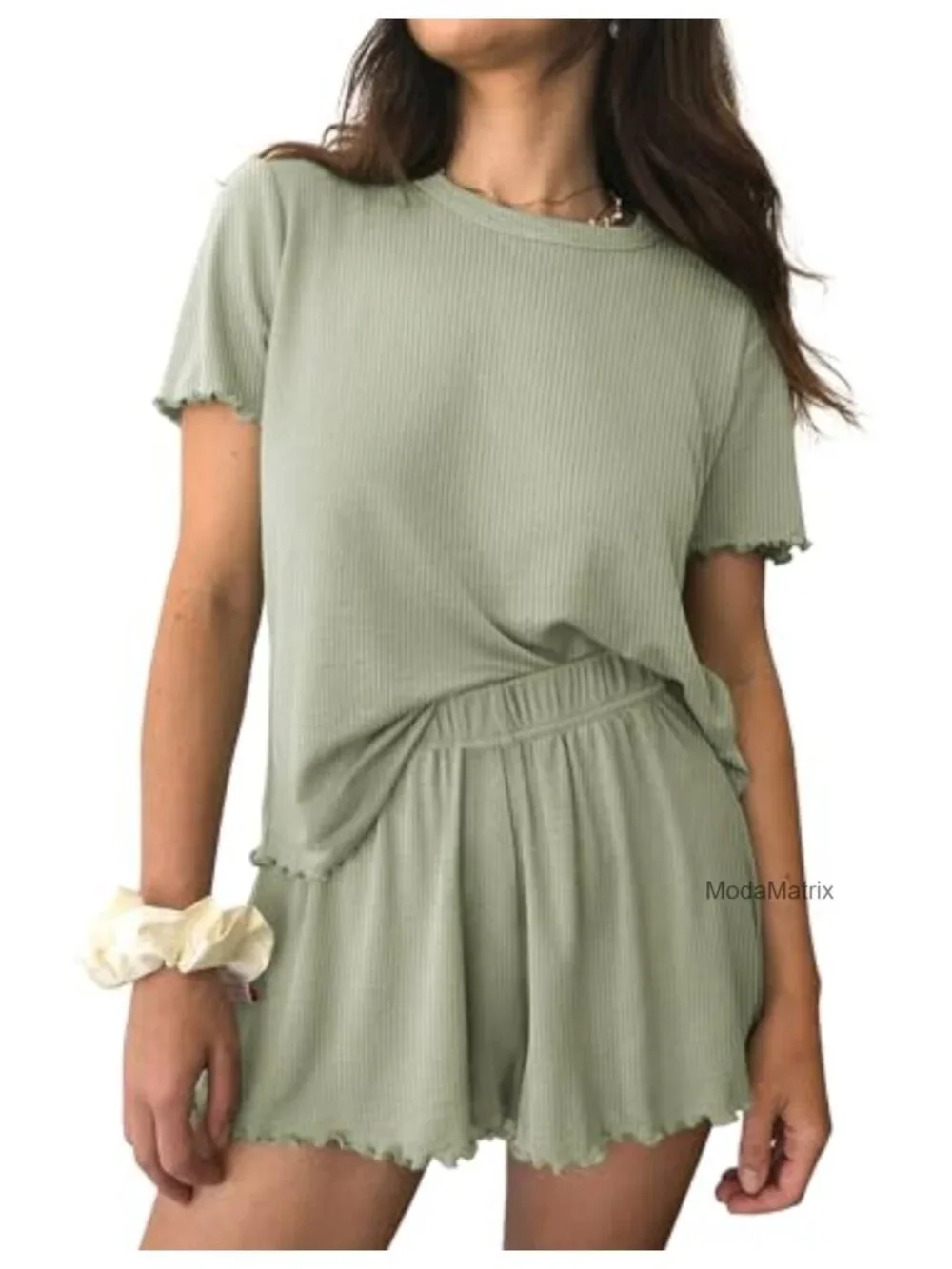 Women's Ribbed Knit Pajama Set Short Sleeve Sleepwear Lounge Set Summer Casual